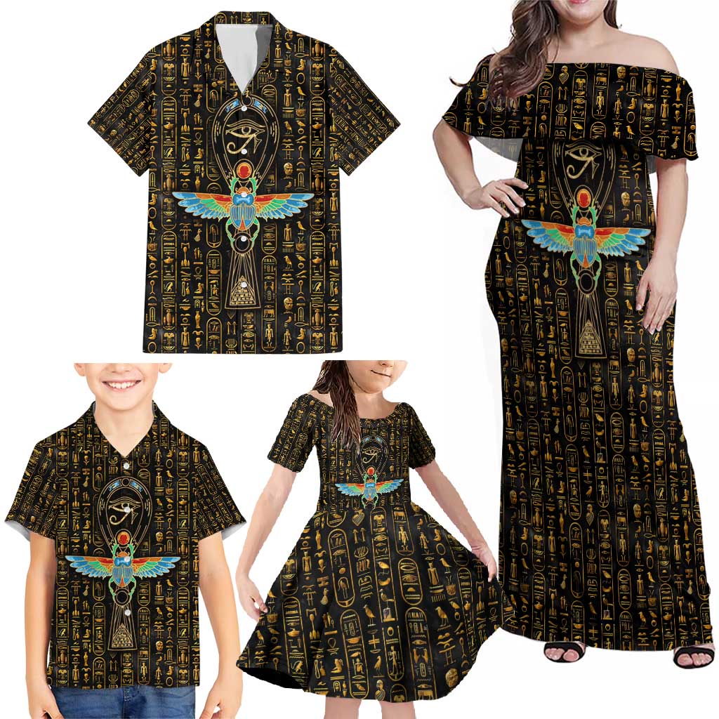 Ancient Pride Family Matching Off Shoulder Maxi Dress and Hawaiian Shirt African Hieroglyphic Pattern, Eye of Horus, and Sacred Scarab Symbol - Wonder Print Shop