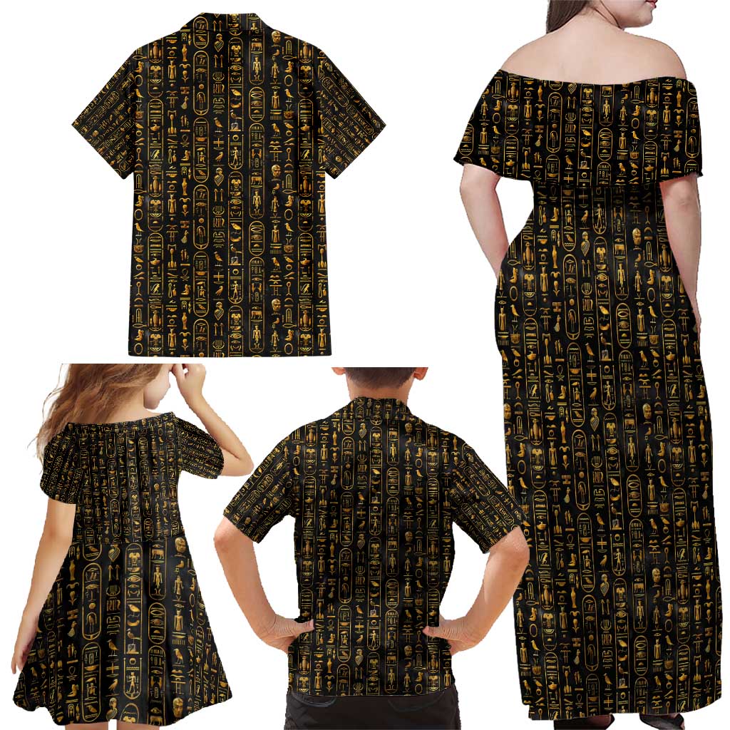 Ancient Pride Family Matching Off Shoulder Maxi Dress and Hawaiian Shirt African Hieroglyphic Pattern, Eye of Horus, and Sacred Scarab Symbol - Wonder Print Shop