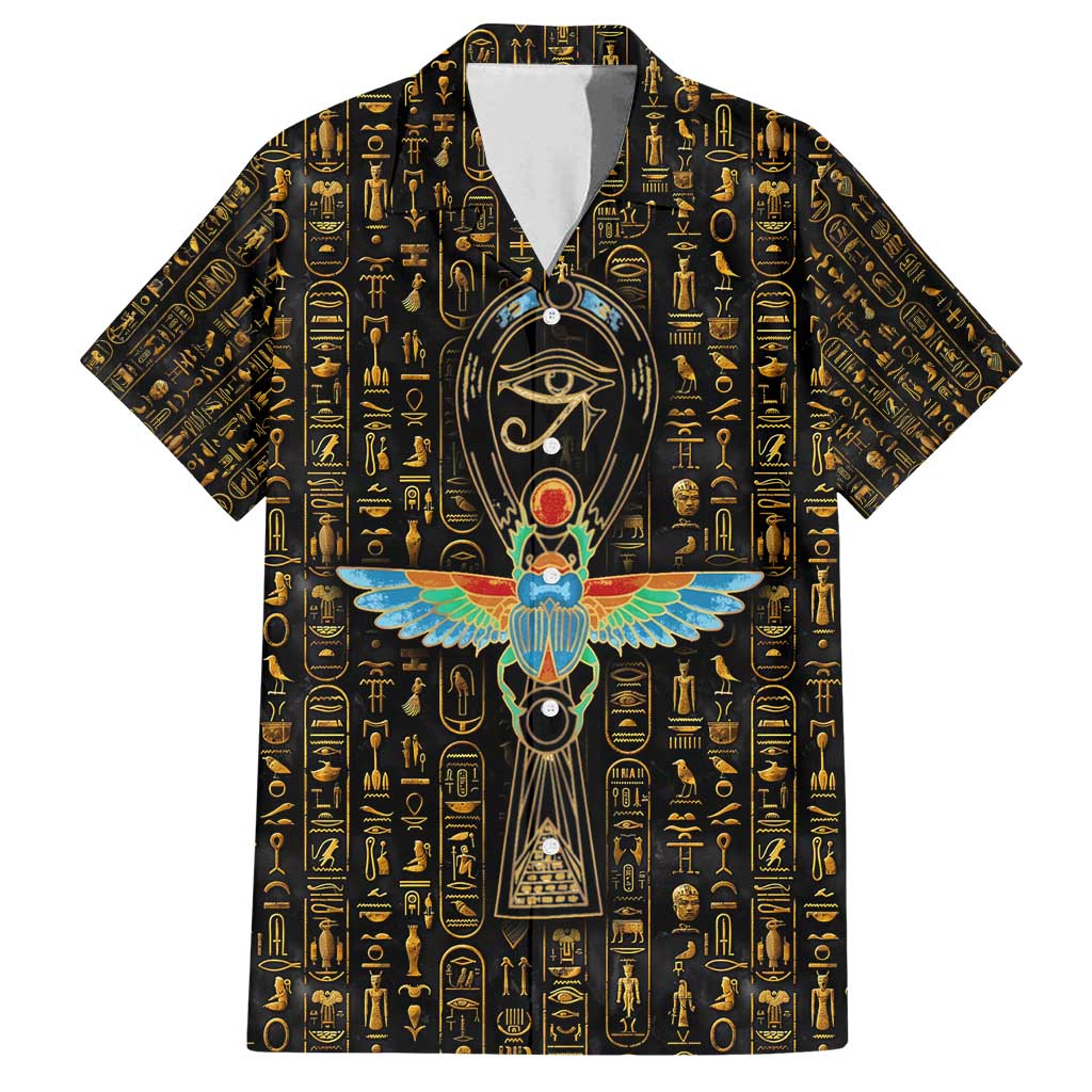 Ancient Pride Family Matching Off Shoulder Maxi Dress and Hawaiian Shirt African Hieroglyphic Pattern, Eye of Horus, and Sacred Scarab Symbol - Wonder Print Shop