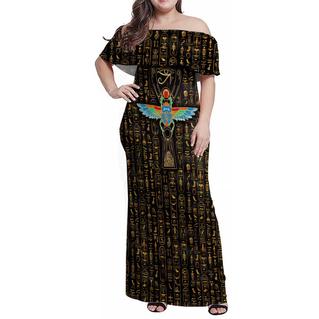 Ancient Pride Family Matching Off Shoulder Maxi Dress and Hawaiian Shirt African Hieroglyphic Pattern, Eye of Horus, and Sacred Scarab Symbol - Wonder Print Shop