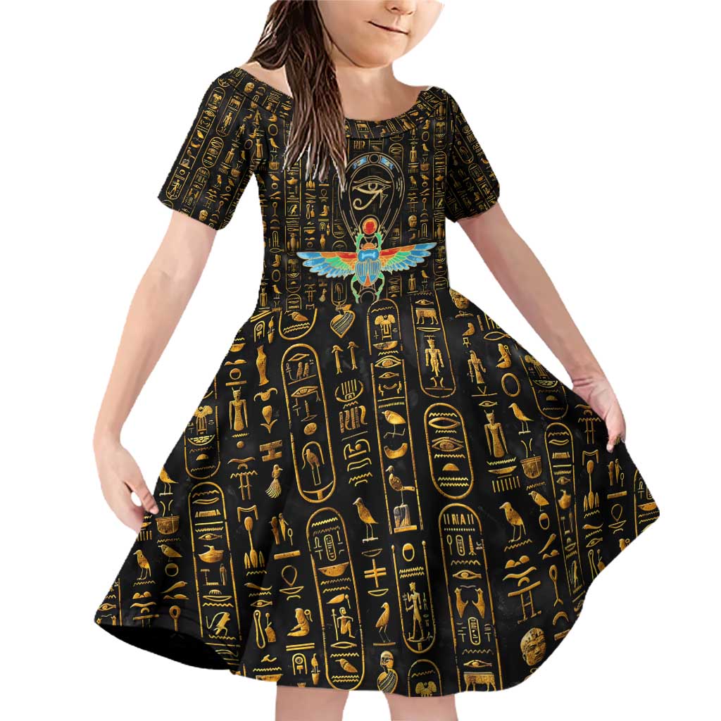 Ancient Pride Family Matching Off Shoulder Short Dress and Hawaiian Shirt African Hieroglyphic Pattern, Eye of Horus, and Sacred Scarab Symbol - Wonder Print Shop