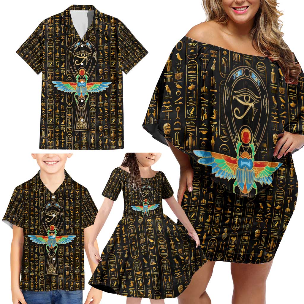 Ancient Pride Family Matching Off Shoulder Short Dress and Hawaiian Shirt African Hieroglyphic Pattern, Eye of Horus, and Sacred Scarab Symbol - Wonder Print Shop