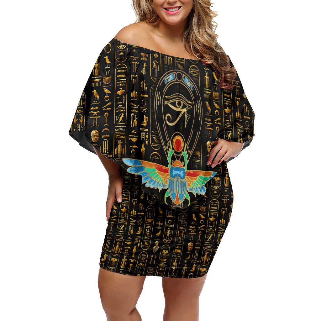 Ancient Pride Family Matching Off Shoulder Short Dress and Hawaiian Shirt African Hieroglyphic Pattern, Eye of Horus, and Sacred Scarab Symbol - Wonder Print Shop