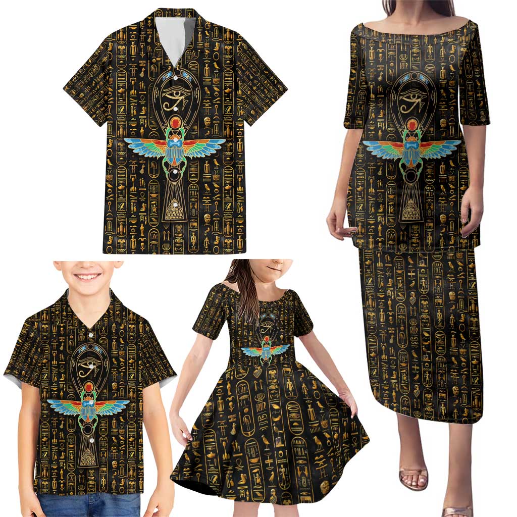 Ancient Pride Family Matching Puletasi and Hawaiian Shirt African Hieroglyphic Pattern, Eye of Horus, and Sacred Scarab Symbol - Wonder Print Shop