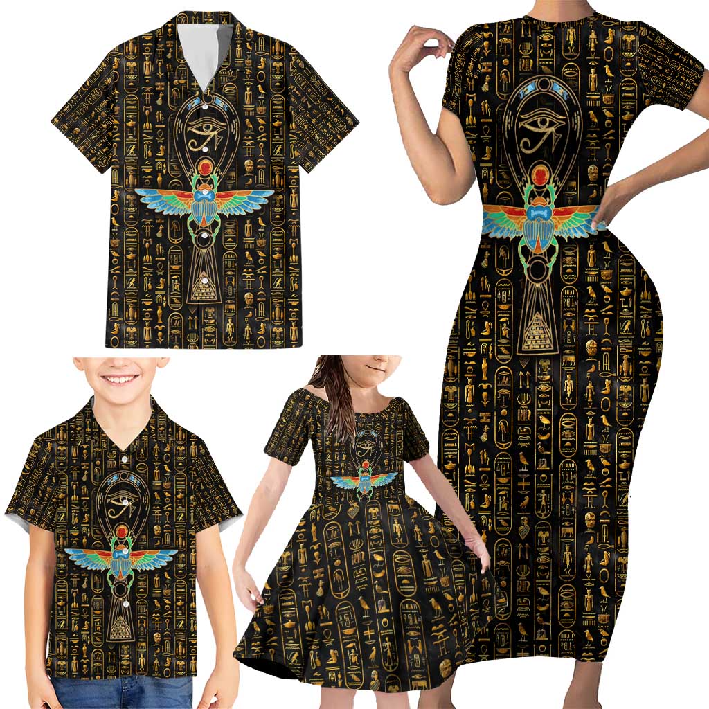 Ancient Pride Family Matching Short Sleeve Bodycon Dress and Hawaiian Shirt African Hieroglyphic Pattern, Eye of Horus, and Sacred Scarab Symbol - Wonder Print Shop