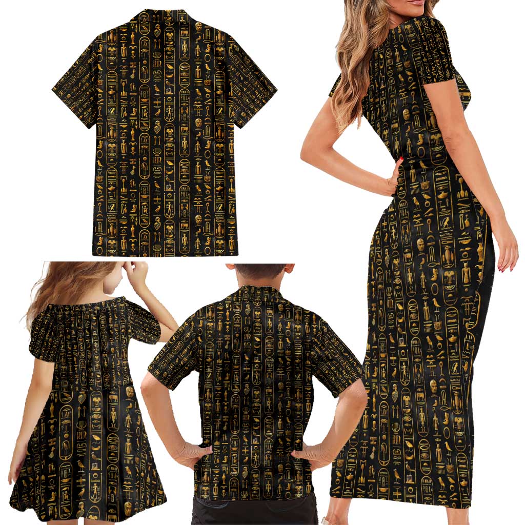 Ancient Pride Family Matching Short Sleeve Bodycon Dress and Hawaiian Shirt African Hieroglyphic Pattern, Eye of Horus, and Sacred Scarab Symbol - Wonder Print Shop