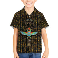 Ancient Pride Family Matching Short Sleeve Bodycon Dress and Hawaiian Shirt African Hieroglyphic Pattern, Eye of Horus, and Sacred Scarab Symbol - Wonder Print Shop