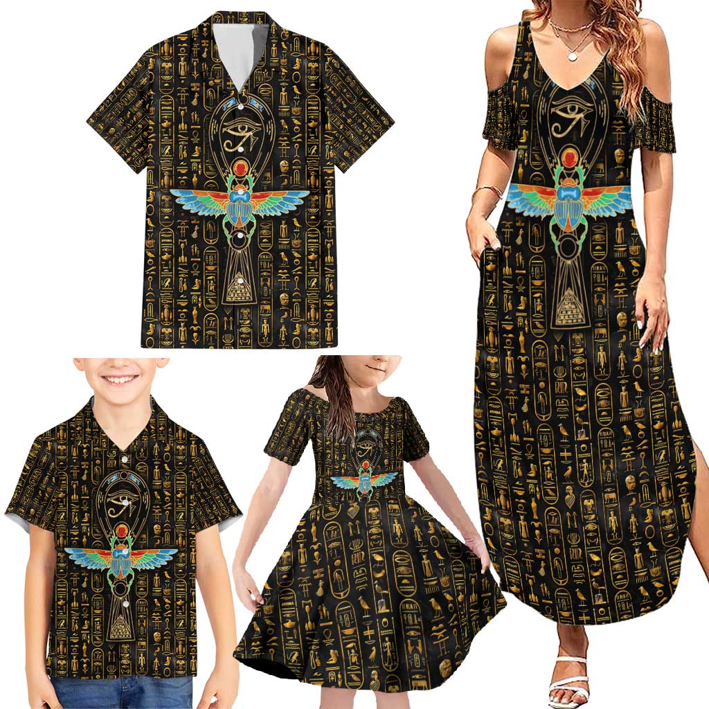 Ancient Pride Family Matching Summer Maxi Dress and Hawaiian Shirt African Hieroglyphic Pattern, Eye of Horus, and Sacred Scarab Symbol - Wonder Print Shop