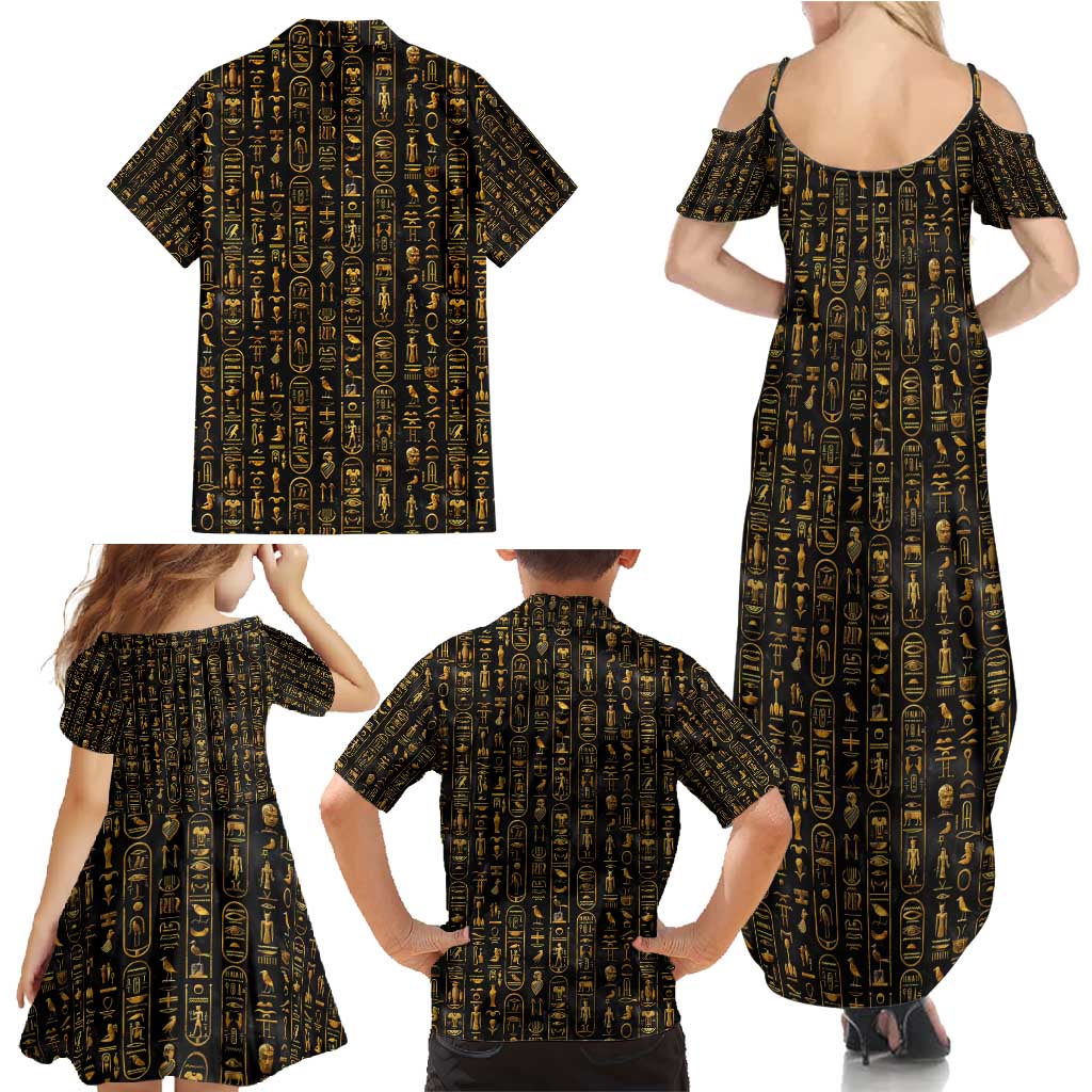 Ancient Pride Family Matching Summer Maxi Dress and Hawaiian Shirt African Hieroglyphic Pattern, Eye of Horus, and Sacred Scarab Symbol - Wonder Print Shop