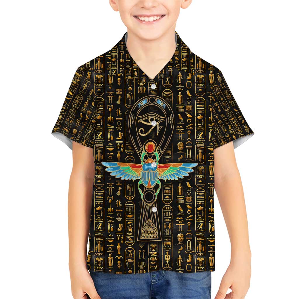 Ancient Pride Family Matching Summer Maxi Dress and Hawaiian Shirt African Hieroglyphic Pattern, Eye of Horus, and Sacred Scarab Symbol - Wonder Print Shop