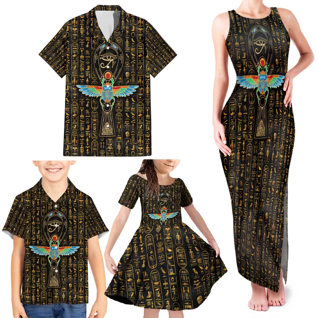 Ancient Pride Family Matching Tank Maxi Dress and Hawaiian Shirt African Hieroglyphic Pattern, Eye of Horus, and Sacred Scarab Symbol - Wonder Print Shop