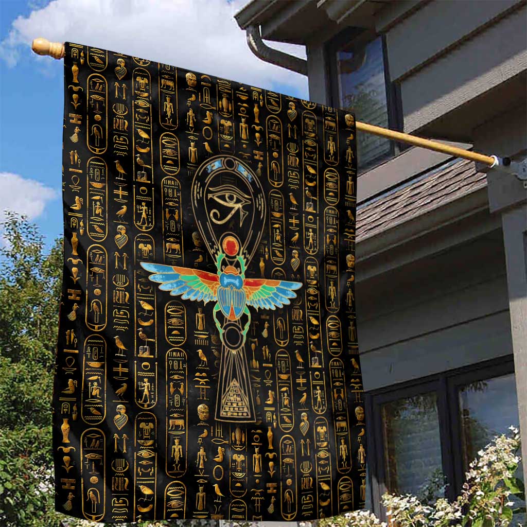 Ancient Pride Garden Flag African Hieroglyphic Pattern, Eye of Horus, and Sacred Scarab Symbol - Wonder Print Shop