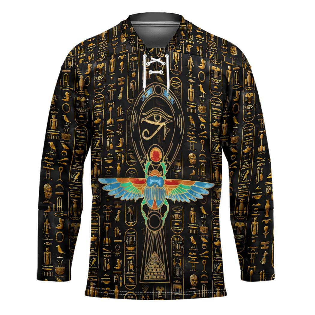 Ancient Pride Hockey Jersey African Hieroglyphic Pattern, Eye of Horus, and Sacred Scarab Symbol - Wonder Print Shop