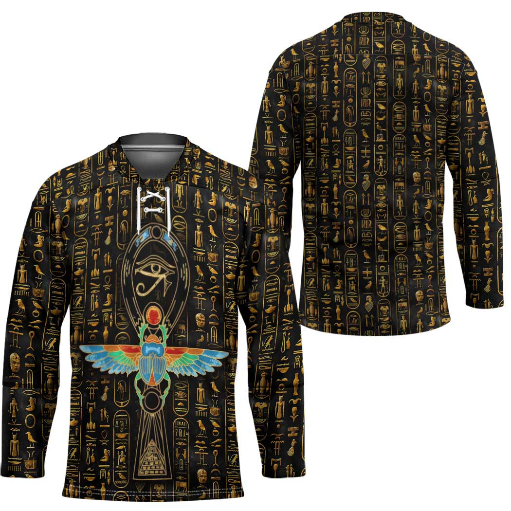 Ancient Pride Hockey Jersey African Hieroglyphic Pattern, Eye of Horus, and Sacred Scarab Symbol - Wonder Print Shop
