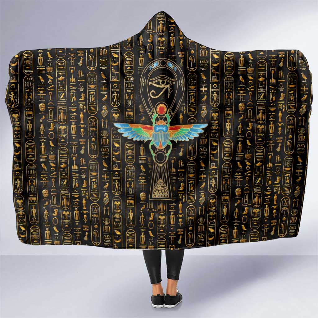 Ancient Pride Hooded Blanket African Hieroglyphic Pattern, Eye of Horus, and Sacred Scarab Symbol - Wonder Print Shop