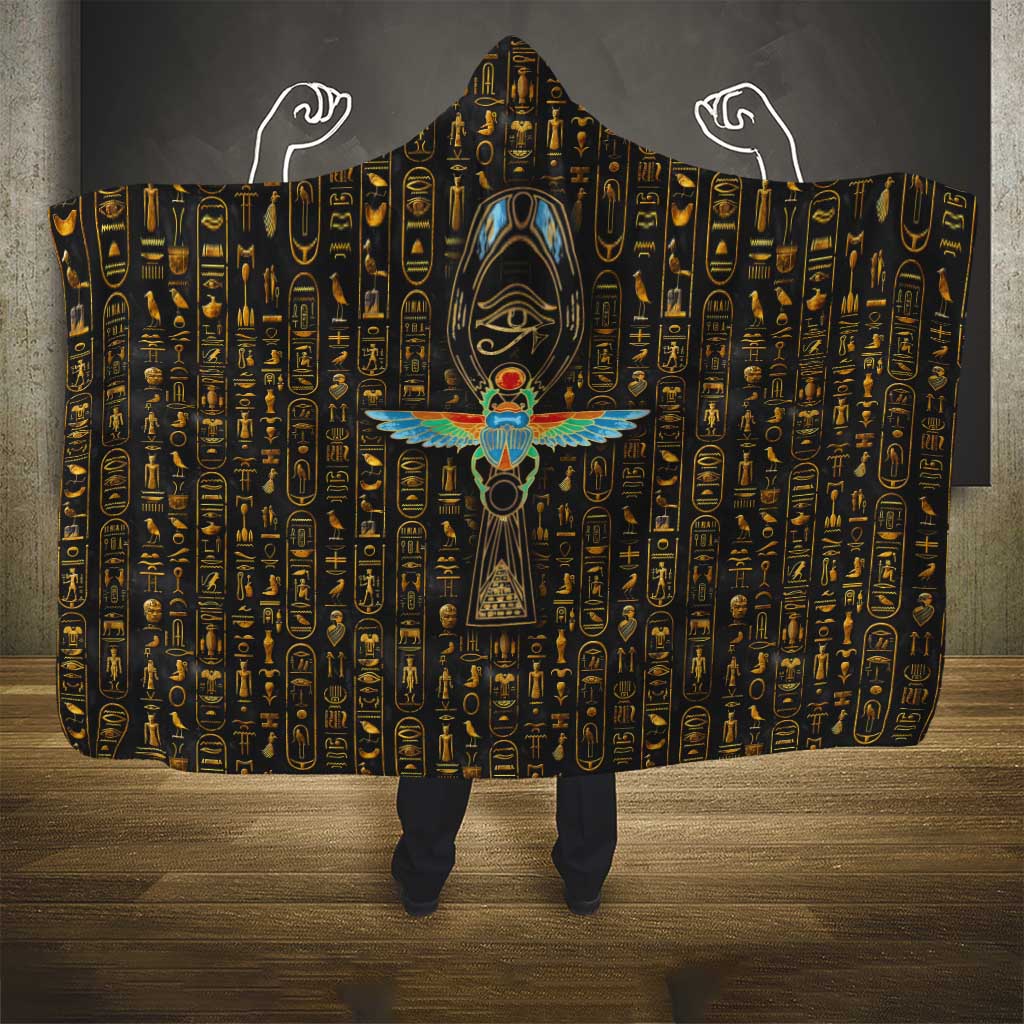 Ancient Pride Hooded Blanket African Hieroglyphic Pattern, Eye of Horus, and Sacred Scarab Symbol - Wonder Print Shop