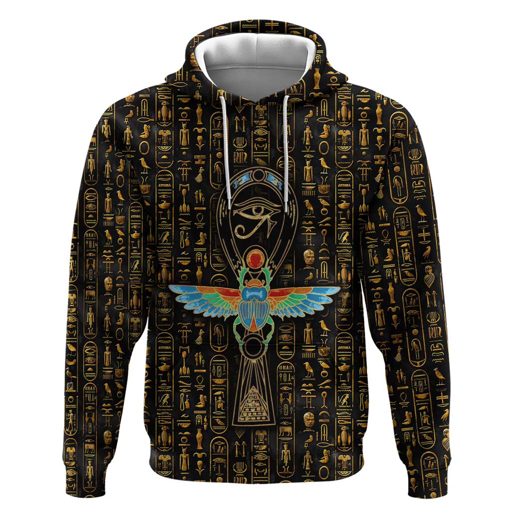 Ancient Pride Hoodie African Hieroglyphic Pattern, Eye of Horus, and Sacred Scarab Symbol - Wonder Print Shop