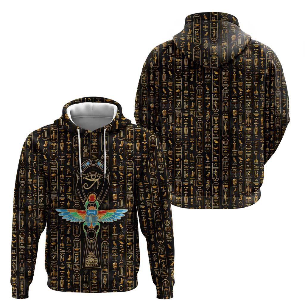 Ancient Pride Hoodie African Hieroglyphic Pattern, Eye of Horus, and Sacred Scarab Symbol - Wonder Print Shop