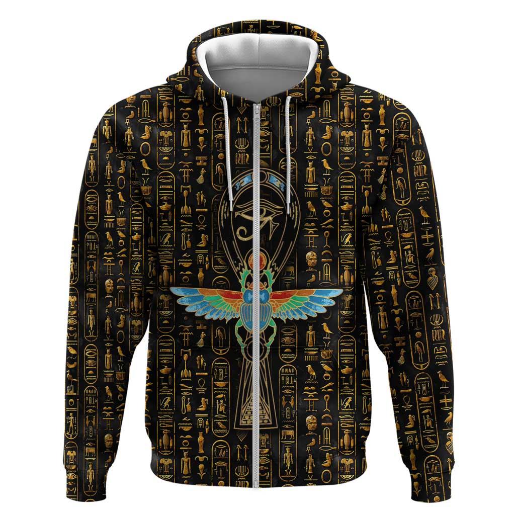 Ancient Pride Hoodie African Hieroglyphic Pattern, Eye of Horus, and Sacred Scarab Symbol - Wonder Print Shop