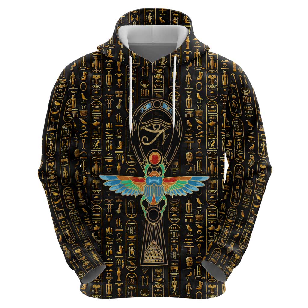Ancient Pride Hoodie African Hieroglyphic Pattern, Eye of Horus, and Sacred Scarab Symbol - Wonder Print Shop