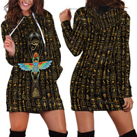 Ancient Pride Hoodie Dress African Hieroglyphic Pattern, Eye of Horus, and Sacred Scarab Symbol - Wonder Print Shop