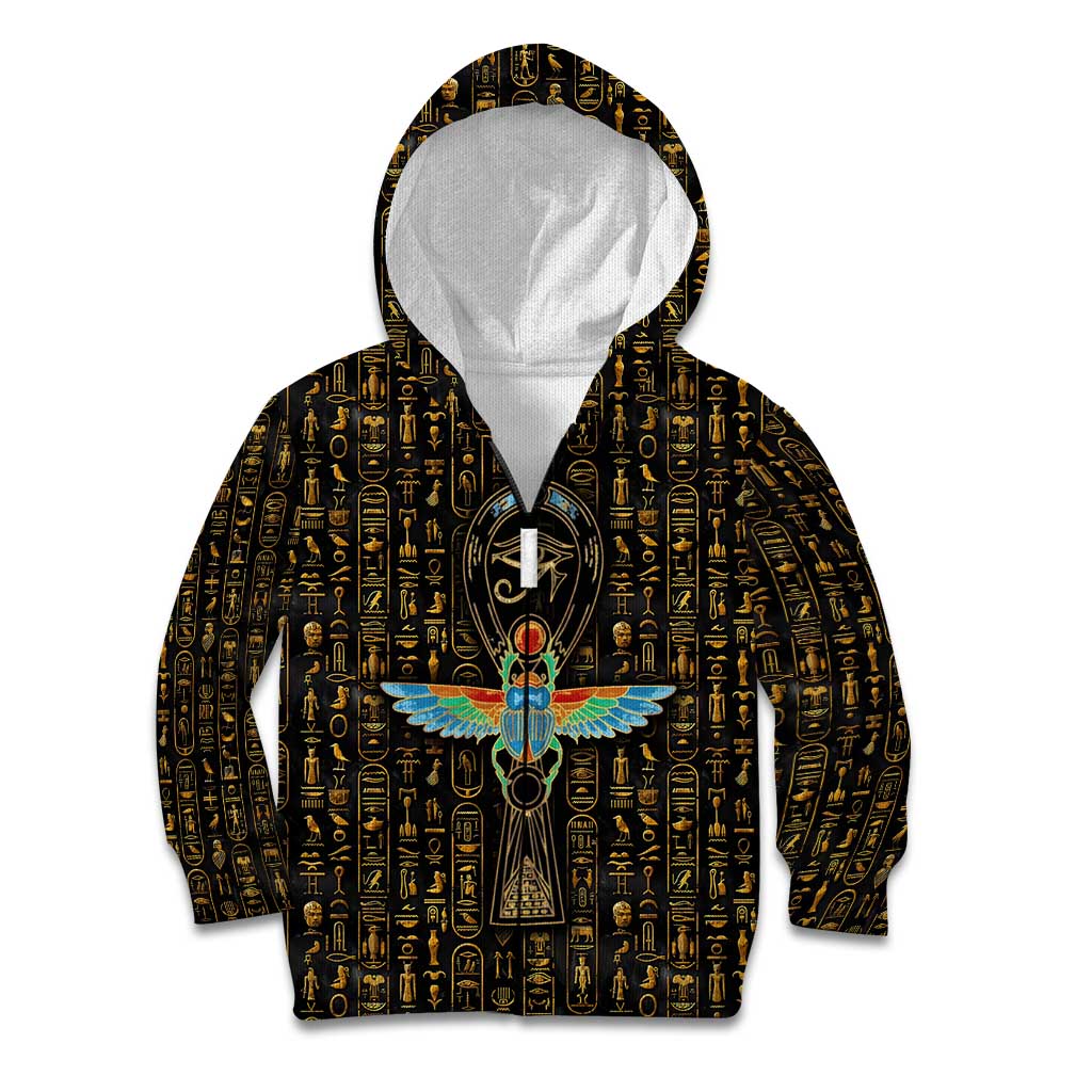 Ancient Pride Kid Hoodie African Hieroglyphic Pattern, Eye of Horus, and Sacred Scarab Symbol - Wonder Print Shop