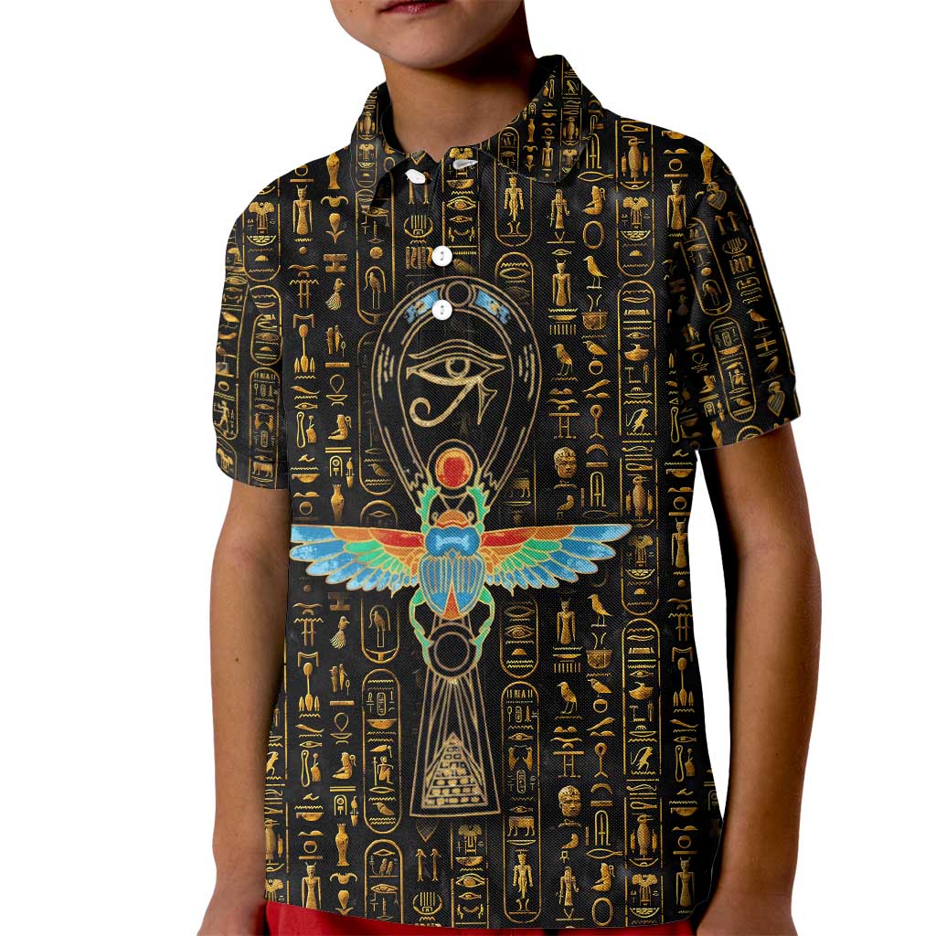 Ancient Pride Kid Polo Shirt African Hieroglyphic Pattern, Eye of Horus, and Sacred Scarab Symbol - Wonder Print Shop