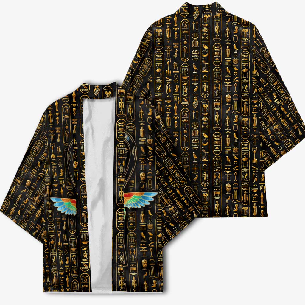 Ancient Pride Kimono African Hieroglyphic Pattern, Eye of Horus, and Sacred Scarab Symbol - Wonder Print Shop