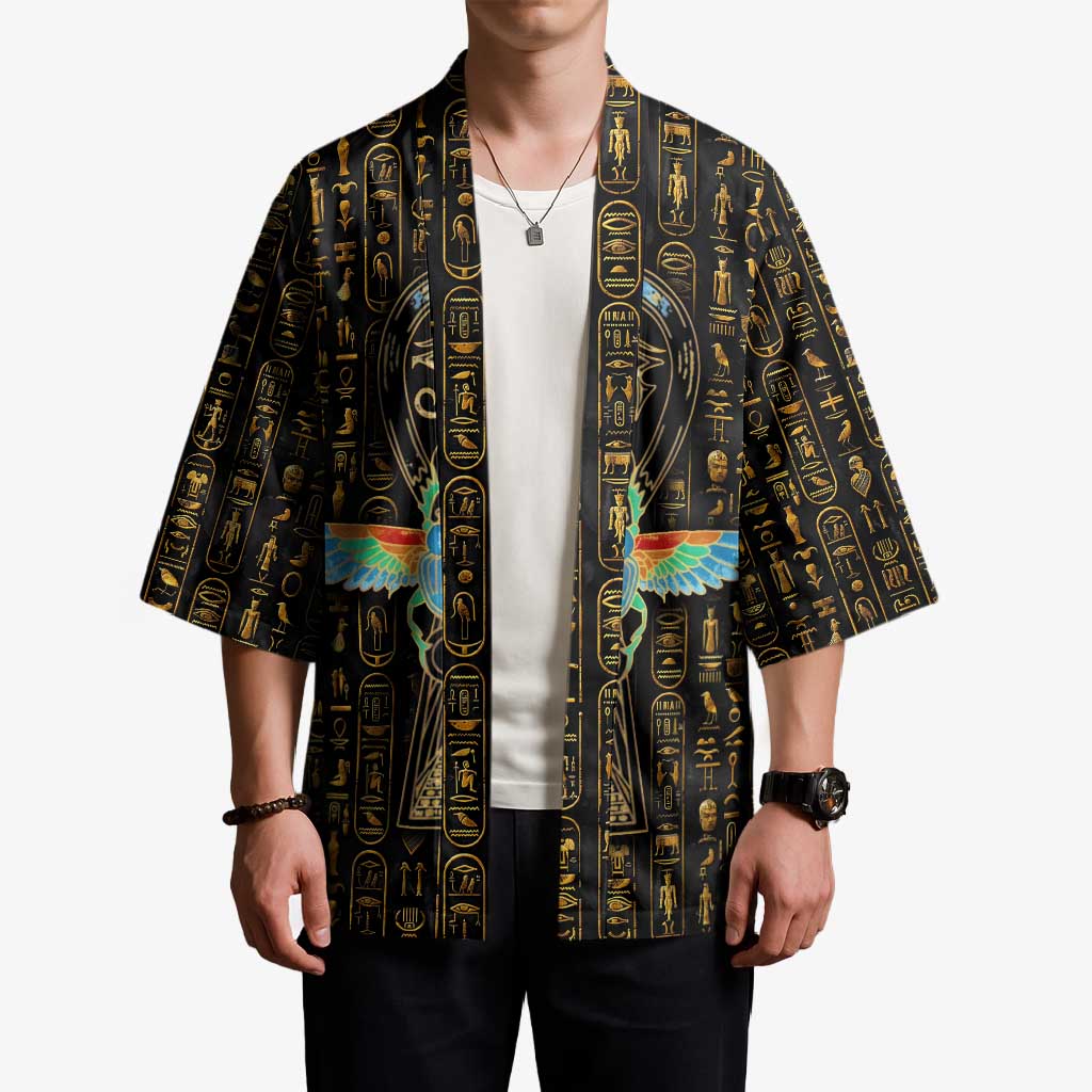 Ancient Pride Kimono African Hieroglyphic Pattern, Eye of Horus, and Sacred Scarab Symbol - Wonder Print Shop