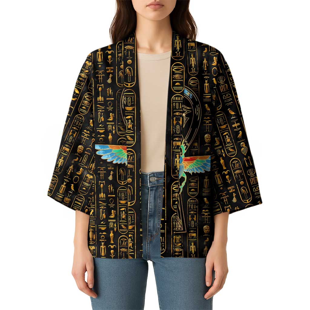 Ancient Pride Kimono African Hieroglyphic Pattern, Eye of Horus, and Sacred Scarab Symbol - Wonder Print Shop