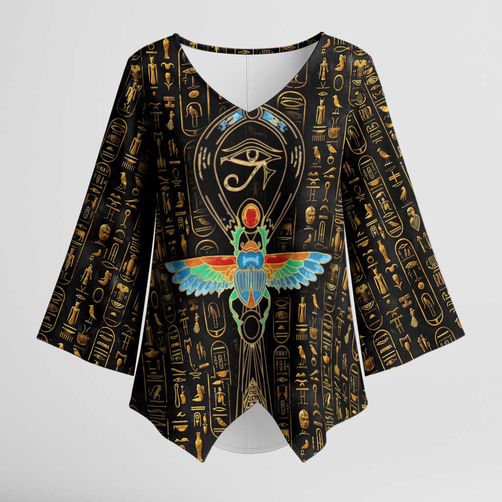 Ancient Pride Kimono Sleeve Blouse African Hieroglyphic Pattern, Eye of Horus, and Sacred Scarab Symbol - Wonder Print Shop