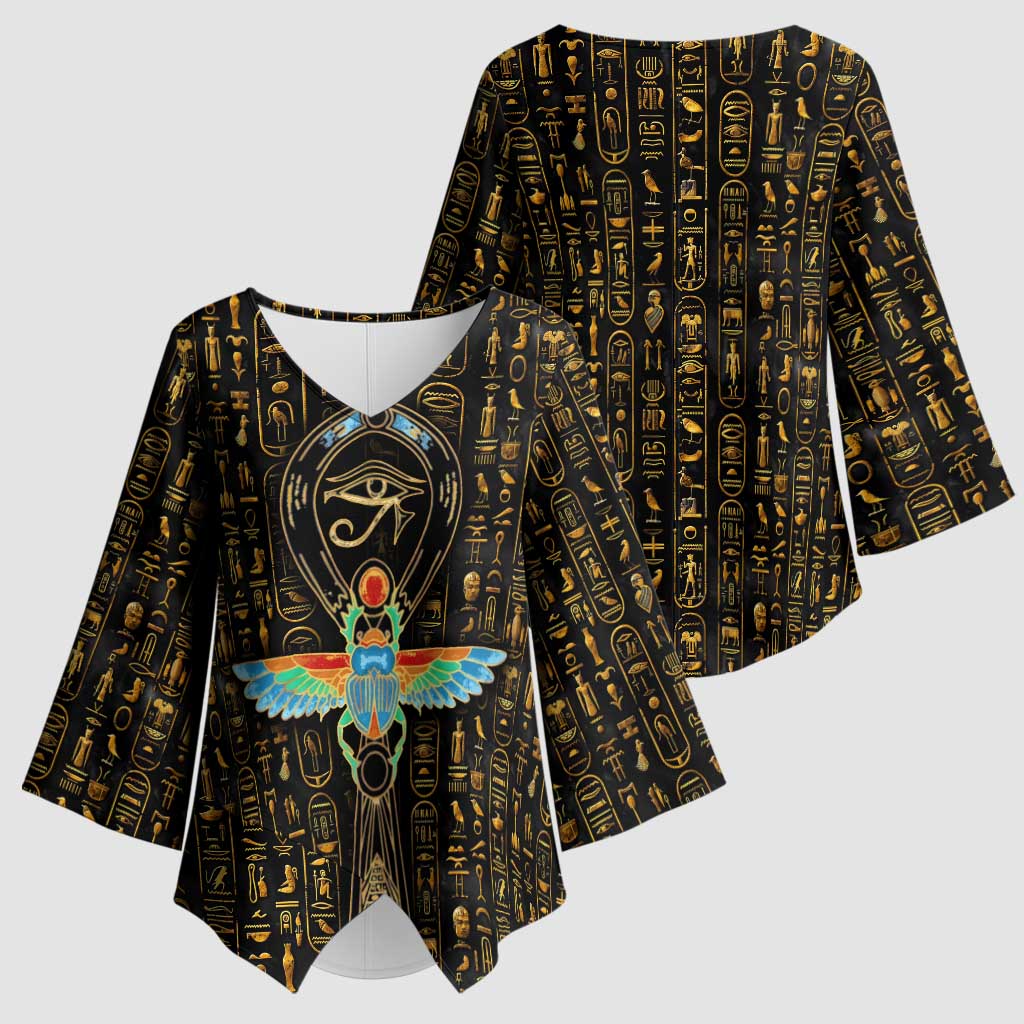 Ancient Pride Kimono Sleeve Blouse African Hieroglyphic Pattern, Eye of Horus, and Sacred Scarab Symbol - Wonder Print Shop