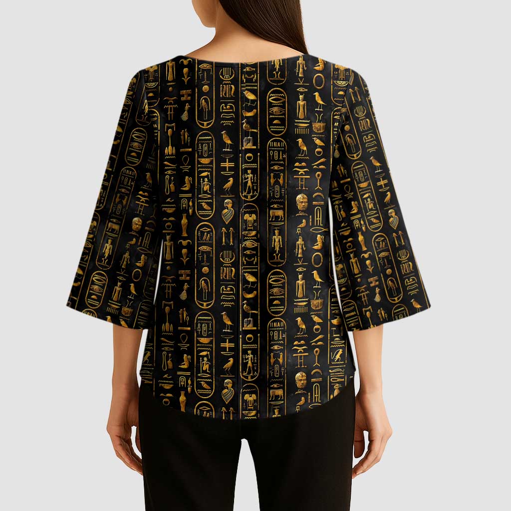 Ancient Pride Kimono Sleeve Blouse African Hieroglyphic Pattern, Eye of Horus, and Sacred Scarab Symbol - Wonder Print Shop