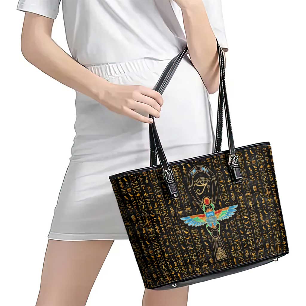 Ancient Pride Leather Tote Bag African Hieroglyphic Pattern, Eye of Horus, and Sacred Scarab Symbol - Wonder Print Shop