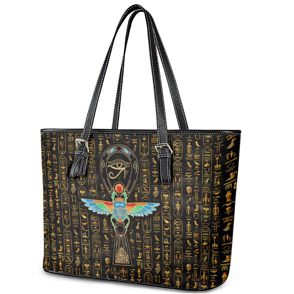 Ancient Pride Leather Tote Bag African Hieroglyphic Pattern, Eye of Horus, and Sacred Scarab Symbol - Wonder Print Shop