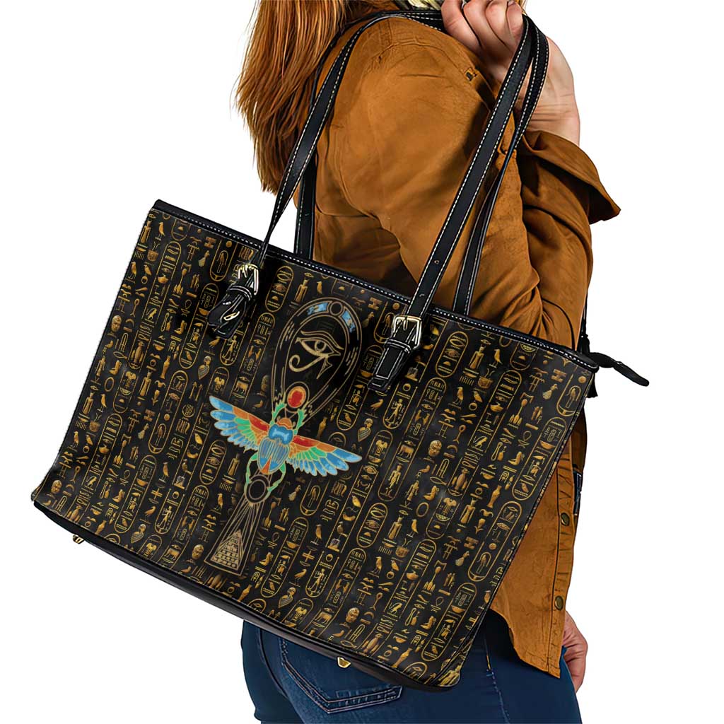 Ancient Pride Leather Tote Bag African Hieroglyphic Pattern, Eye of Horus, and Sacred Scarab Symbol - Wonder Print Shop