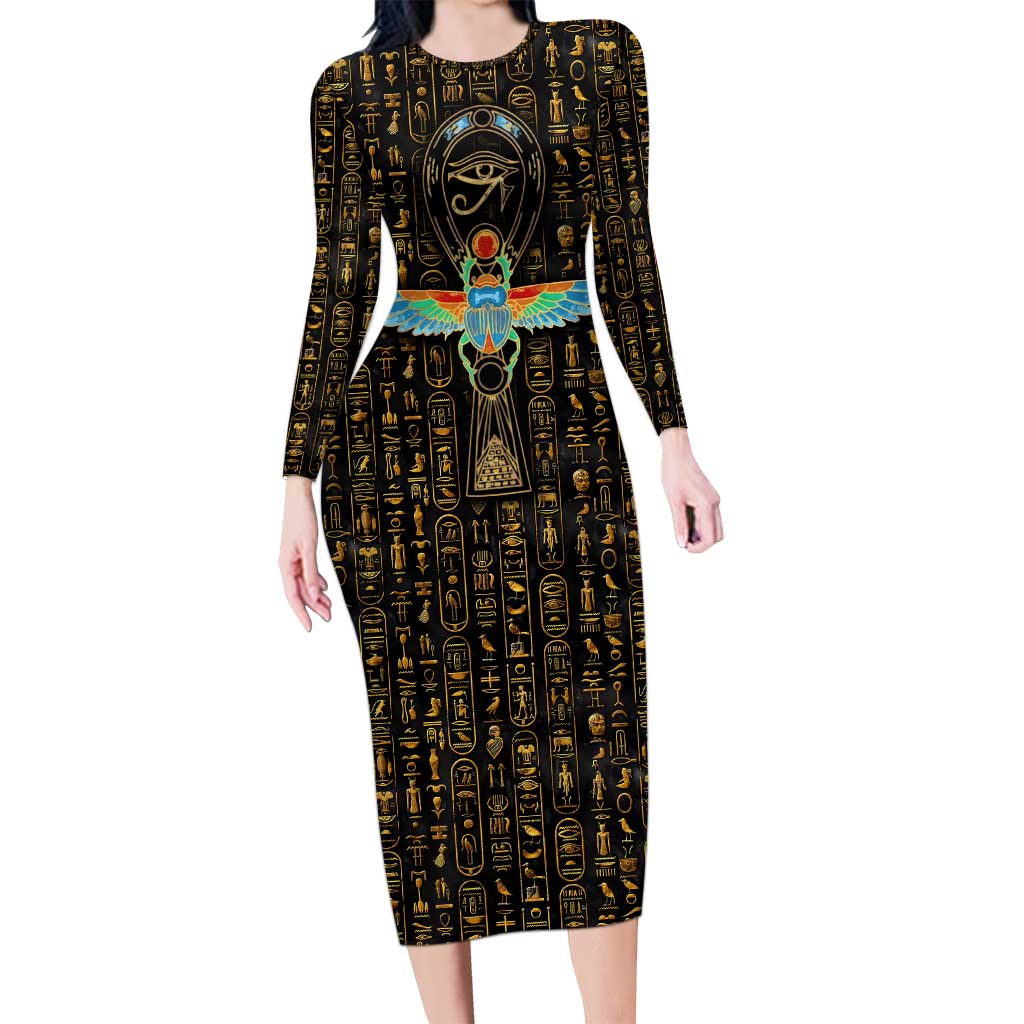 Ancient Pride Long Sleeve Bodycon Dress African Hieroglyphic Pattern, Eye of Horus, and Sacred Scarab Symbol - Wonder Print Shop