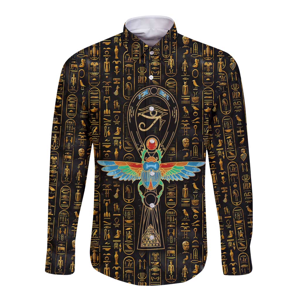 Ancient Pride Long Sleeve Button Shirt African Hieroglyphic Pattern, Eye of Horus, and Sacred Scarab Symbol - Wonder Print Shop