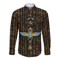 Ancient Pride Long Sleeve Button Shirt African Hieroglyphic Pattern, Eye of Horus, and Sacred Scarab Symbol - Wonder Print Shop
