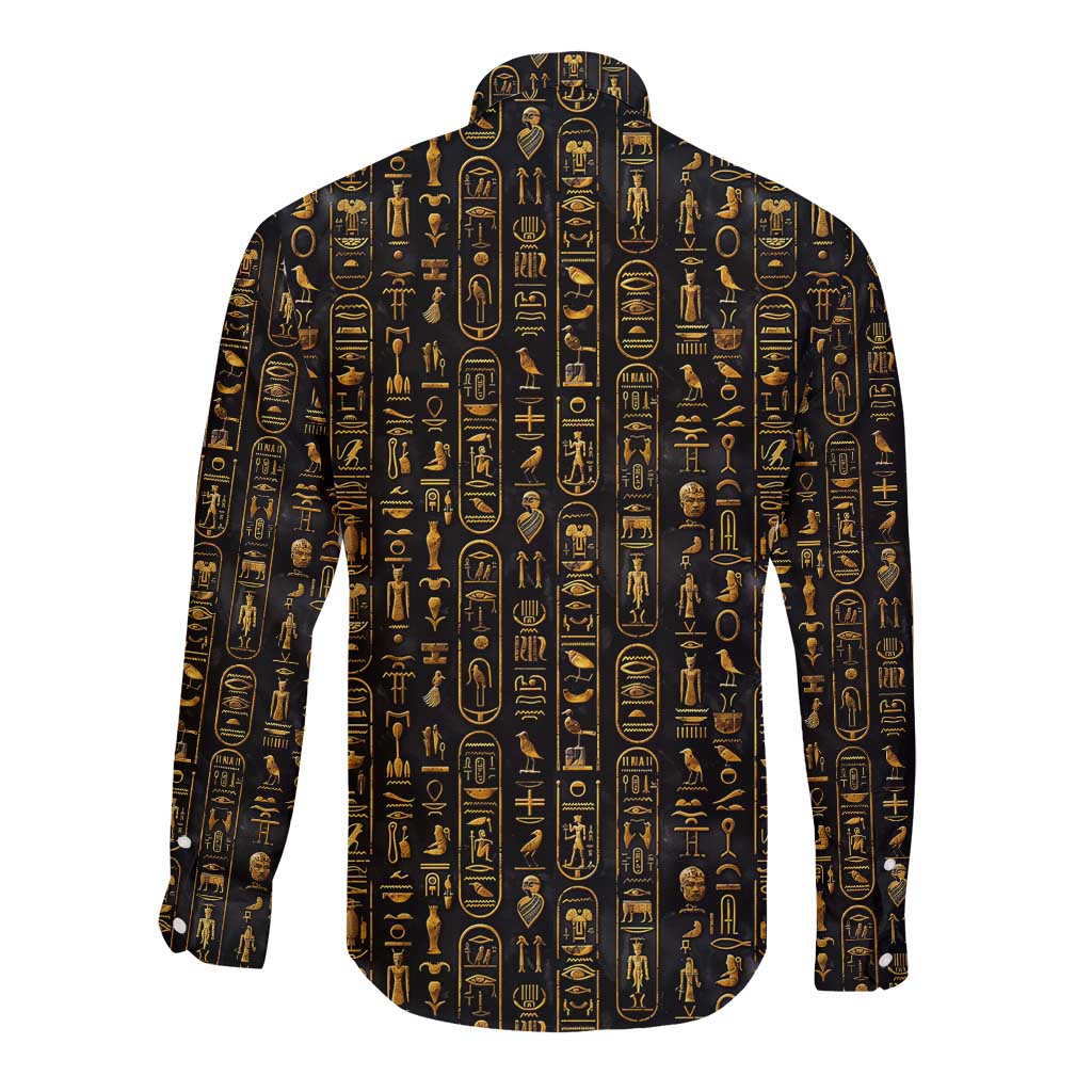 Ancient Pride Long Sleeve Button Shirt African Hieroglyphic Pattern, Eye of Horus, and Sacred Scarab Symbol - Wonder Print Shop