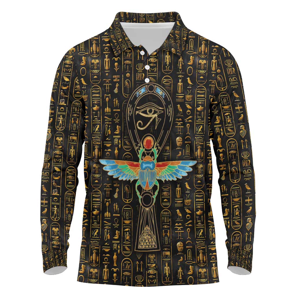 Ancient Pride Long Sleeve Polo Shirt African Hieroglyphic Pattern, Eye of Horus, and Sacred Scarab Symbol - Wonder Print Shop