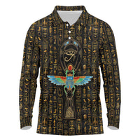 Ancient Pride Long Sleeve Polo Shirt African Hieroglyphic Pattern, Eye of Horus, and Sacred Scarab Symbol - Wonder Print Shop