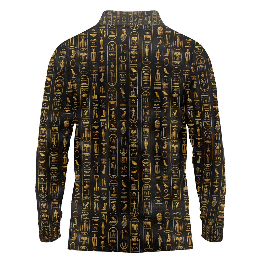 Ancient Pride Long Sleeve Polo Shirt African Hieroglyphic Pattern, Eye of Horus, and Sacred Scarab Symbol - Wonder Print Shop