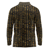 Ancient Pride Long Sleeve Polo Shirt African Hieroglyphic Pattern, Eye of Horus, and Sacred Scarab Symbol - Wonder Print Shop