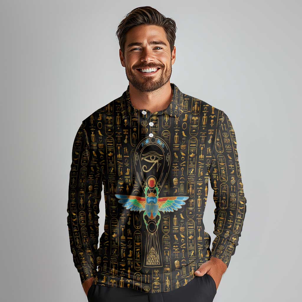 Ancient Pride Long Sleeve Polo Shirt African Hieroglyphic Pattern, Eye of Horus, and Sacred Scarab Symbol - Wonder Print Shop