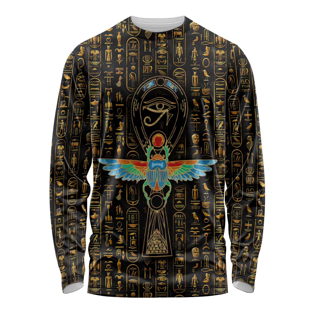 Ancient Pride Long Sleeve Shirt African Hieroglyphic Pattern, Eye of Horus, and Sacred Scarab Symbol - Wonder Print Shop