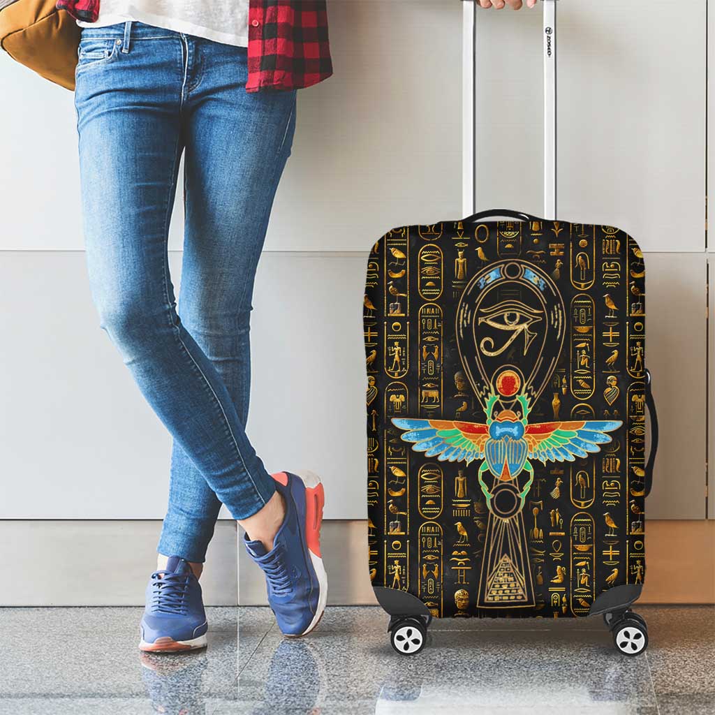 Ancient Pride Luggage Cover African Hieroglyphic Pattern, Eye of Horus, and Sacred Scarab Symbol - Wonder Print Shop