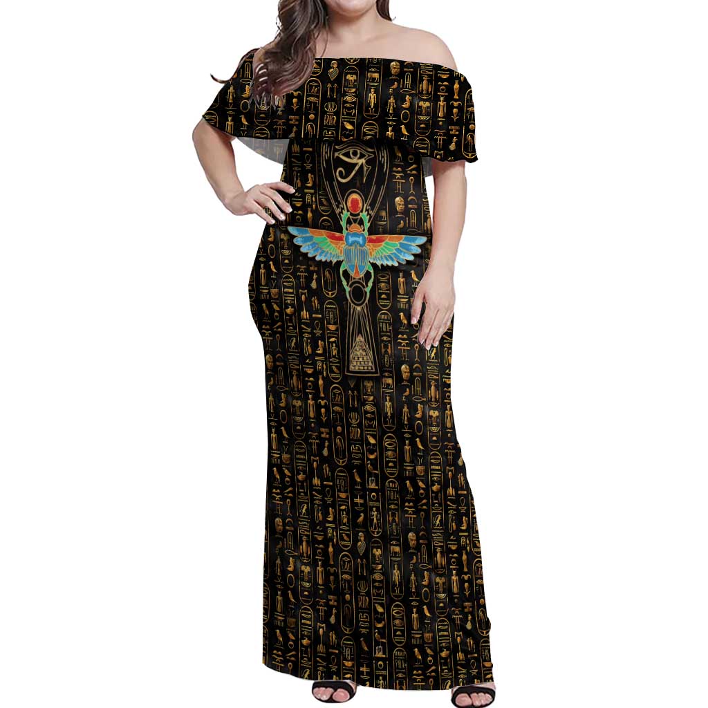 Ancient Pride Off Shoulder Maxi Dress African Hieroglyphic Pattern, Eye of Horus, and Sacred Scarab Symbol - Wonder Print Shop