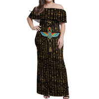 Ancient Pride Off Shoulder Maxi Dress African Hieroglyphic Pattern, Eye of Horus, and Sacred Scarab Symbol - Wonder Print Shop