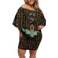 Ancient Pride Off Shoulder Short Dress African Hieroglyphic Pattern, Eye of Horus, and Sacred Scarab Symbol - Wonder Print Shop